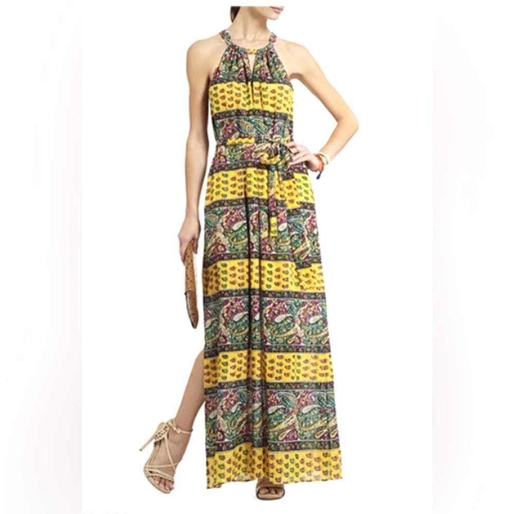 BCBGMAXAZRIA Yellow Belted Paisley Halter Maxi Dress - Size S